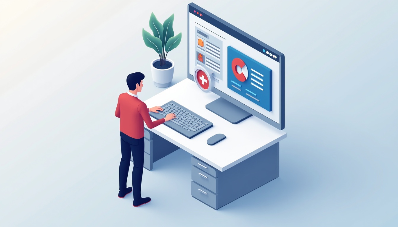 Ilustrație cu un laptop și elemente de web design, simbolizând crearea unui website de prezentare